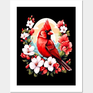 Cute Northern Cardinal Surrounded by Vibrant Spring Flowers Posters and Art